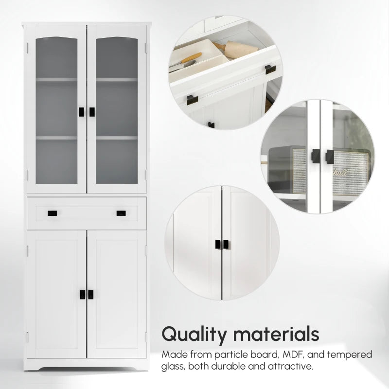 Stylish White Freestanding Kitchen Cupboard - 160cm Storage Cabinet with Glass Door, 2 Adjustable Shelves & Drawer for Living Room/Dining Room