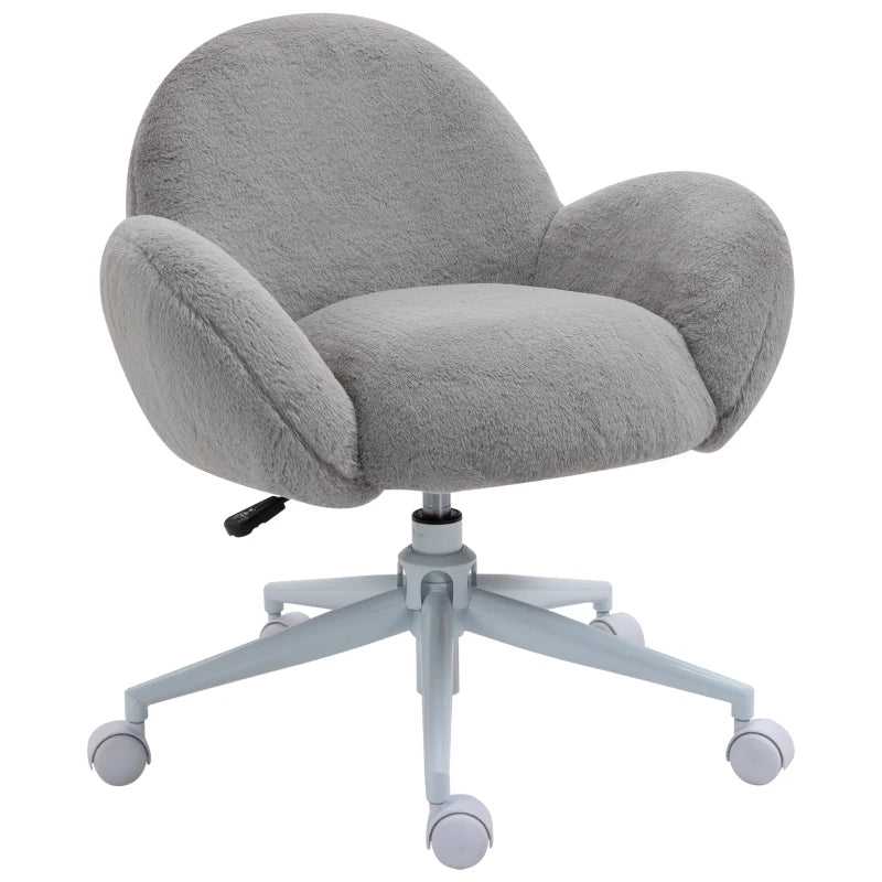 Cute Fluffy Makeup Vanity Chair with Rolling Wheels - Stylish Grey Desk Chair for Bedroom & Living Room