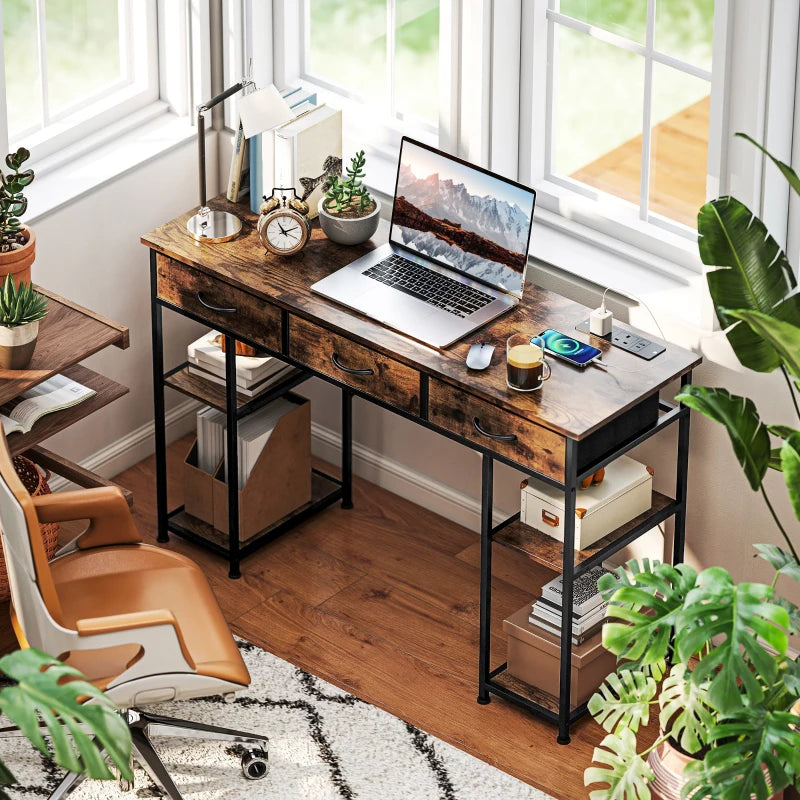 Rustic 120cm Computer Desk with Power Outlets, Fabric Drawers & Storage Shelves - Stylish Office Study Table in Brown