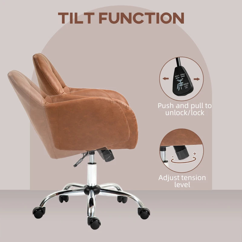 Stylish Brown Faux Leather Tub Office Chair with Wheels - Comfortable Ergonomic Design for Home or Office Use
