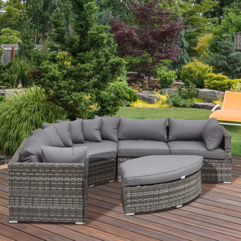 Grey 6-Piece PE Rattan Corner Sofa Set with Padded Cushions, Elegant Half-Round Rattan Corner Furniture
