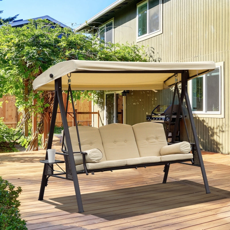 Beige 3-Seater Swing Hammock Chair with Canopy and Cushion