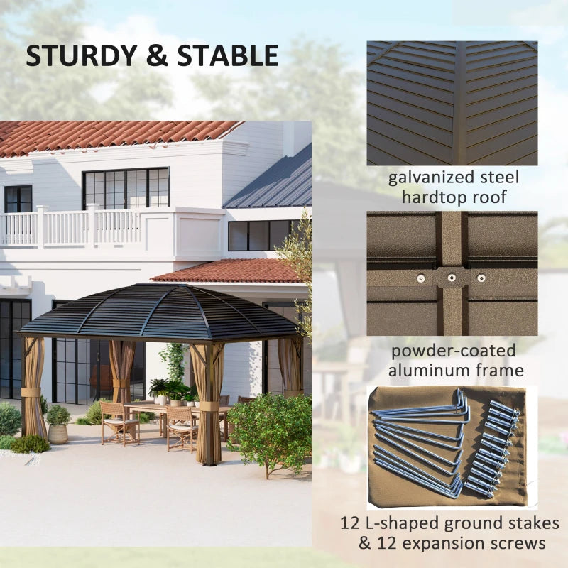 3 x 4m Hardtop Gazebo Canopy - Brown Aluminium Pavilion with Metal Roof, Netting & Curtains