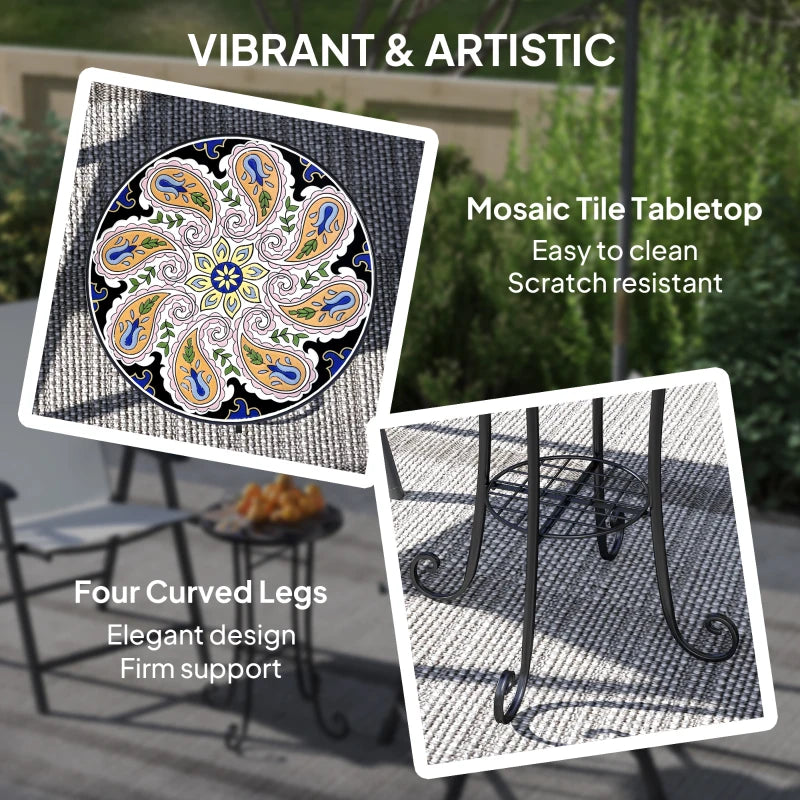 35.5 cm Round Orange Mosaic Garden Table - Ceramic Tile Top Outdoor Bistro Table with Shelf for Patio, Balcony, Indoor Use