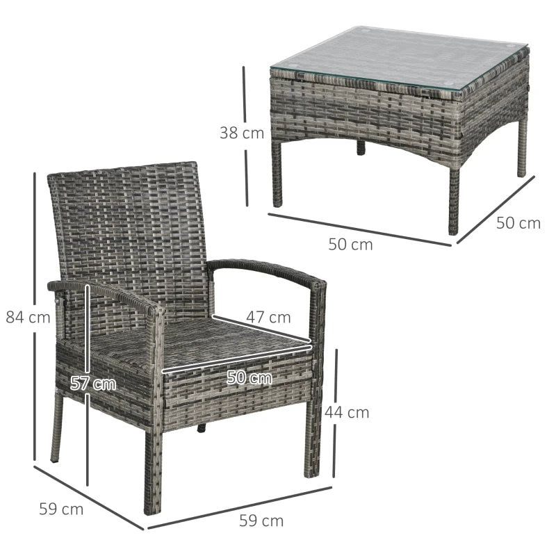 3-Piece Grey Rattan Patio Bistro Set with Cushioned Chairs