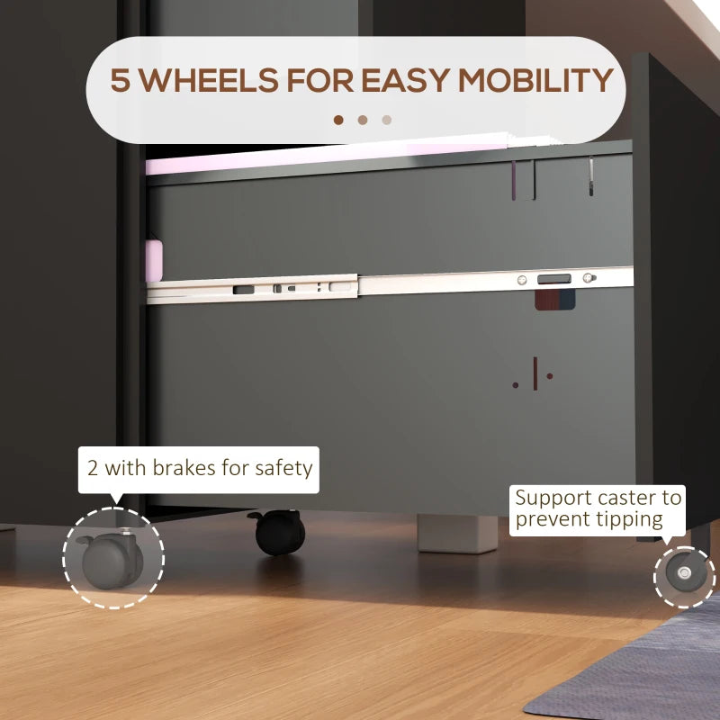 Vinsetto 2-Drawer Vertical Filing Cabinet with Lock & Wheels - Mobile Steel File Cabinet for A4, Legal, Letter Size - Black