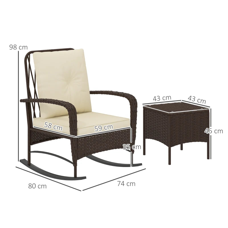 Brown Rattan Three-Piece Rocking Chair Bistro Set - Outdoor Furniture, Comfortable Seating