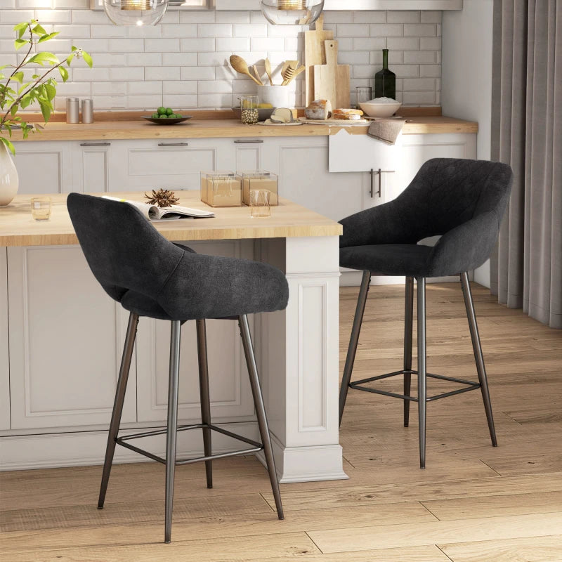 Set of 2 Grey Velvet-Feel Bar Stools - Stylish Modern Seating for Kitchen Island or Home Bar