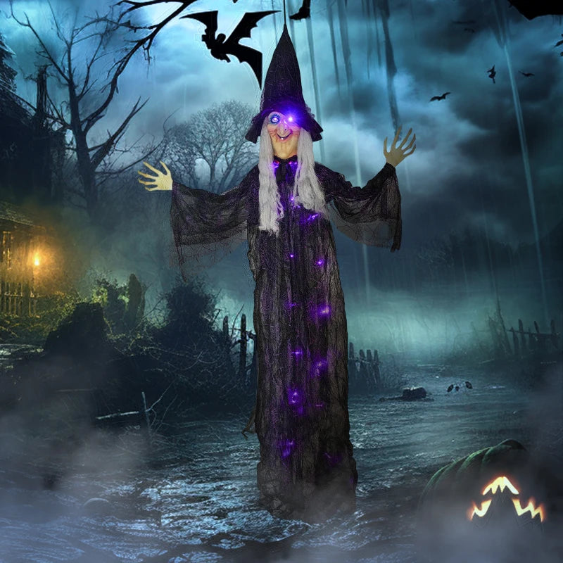 183 cm Life Size Animated Hanging Witch with Glowing LED Eyes - Spooky Halloween Decoration, Battery Operated Indoor Party Prop
