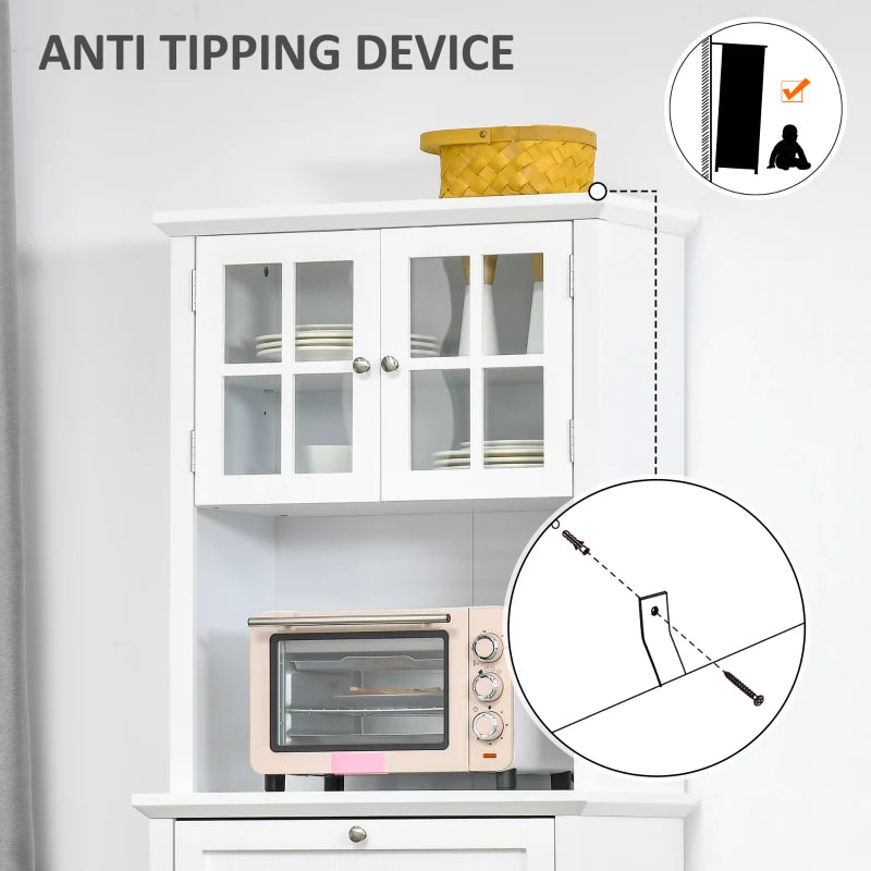 Stylish White Wooden Kitchen Cupboard with Glass Door, Drawer & Microwave Space - Perfect Storage Cabinet for Dining & Living Room