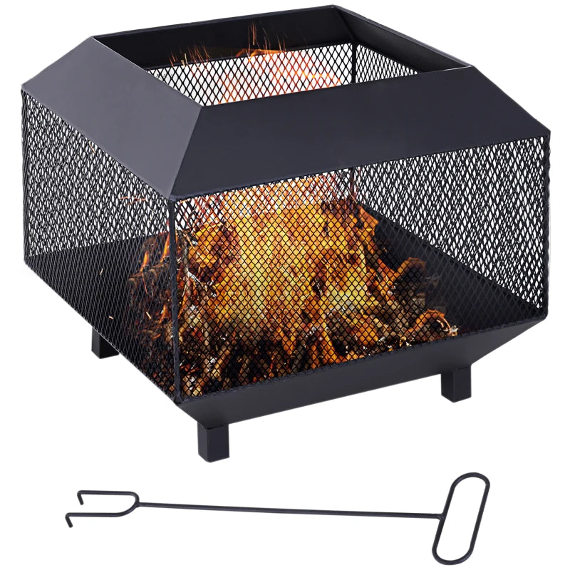 Metal Square Fire Pit with Lid & Poker - Outdoor Mesh Brazier for Backyard, Camping & Bonfire - 44x44x40cm, Black