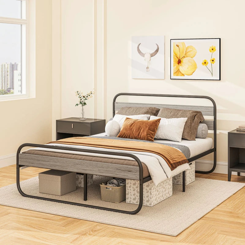Industrial Style 4ft6 Double Bed Frame - Metal Platform with Under Bed Storage, No Box Spring Required, Easy Assembly, Grey