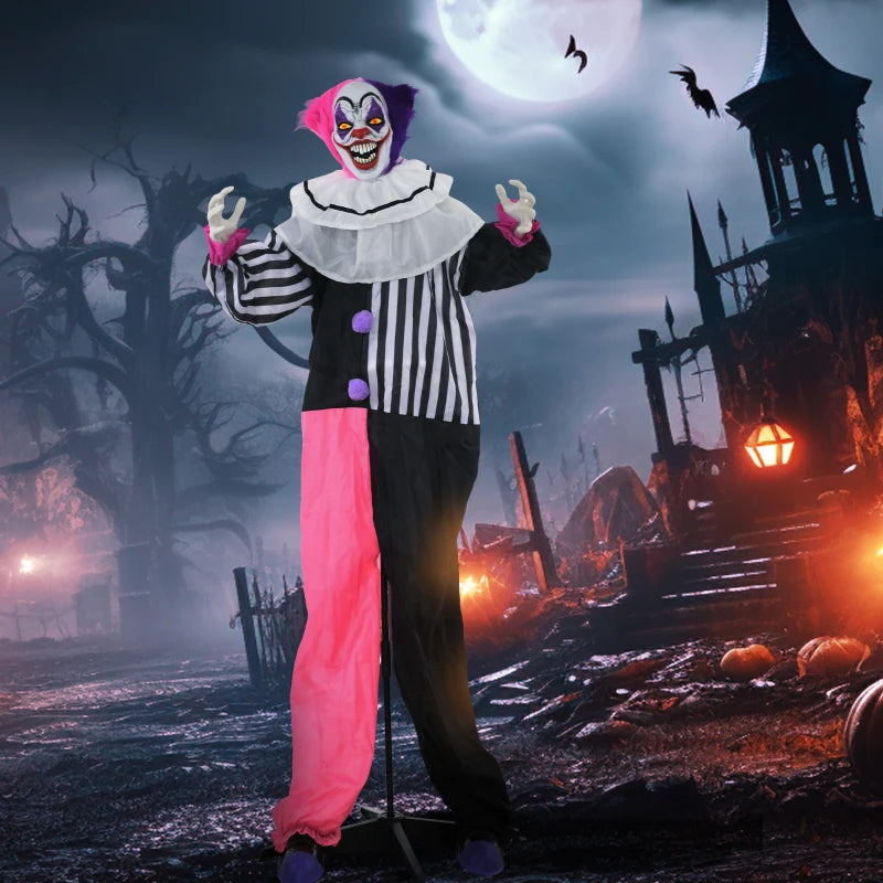 5'6" Scary Laughing Clown Halloween Animatronic with Glowing Eyes - Creepy Haunted House Decoration
