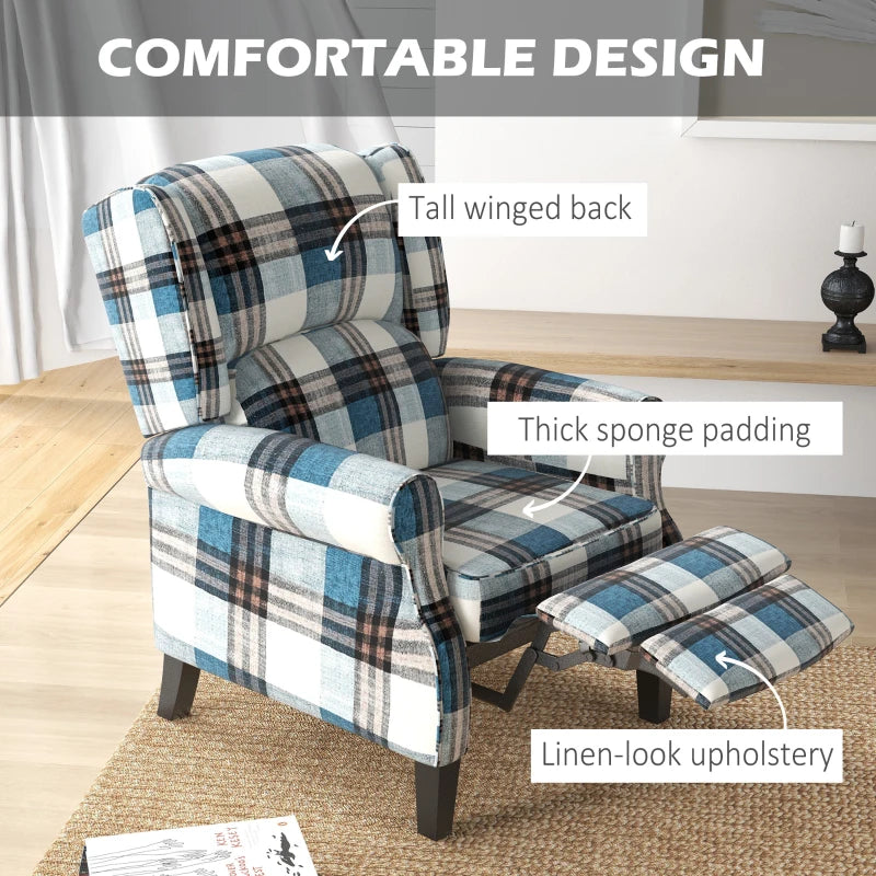 Wingback Reclining Chair with Footrest and Armrests for Living Room or Bedroom, Blue Fabric, Wooden Legs