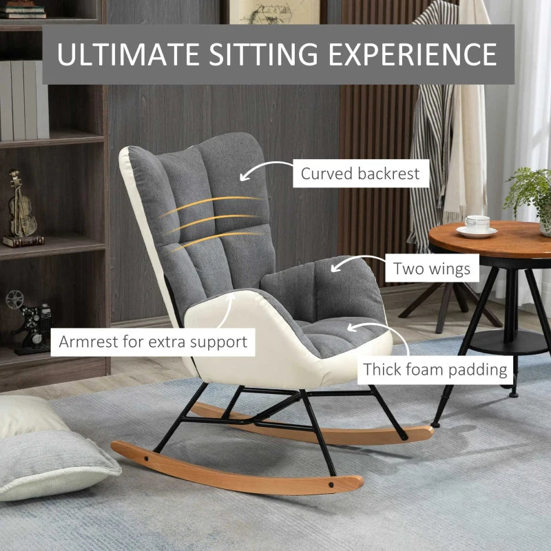 Soft Padded Rocking Wingback Armchair with Wooden Legs in Grey and Cream for Stylish Comfort