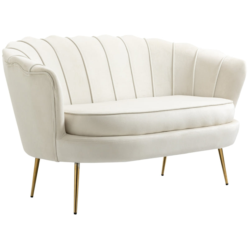 Modern Velvet Loveseat Sofa with Petal Backrest and Gold Legs for Living Room and Bedroom, Cream Colour