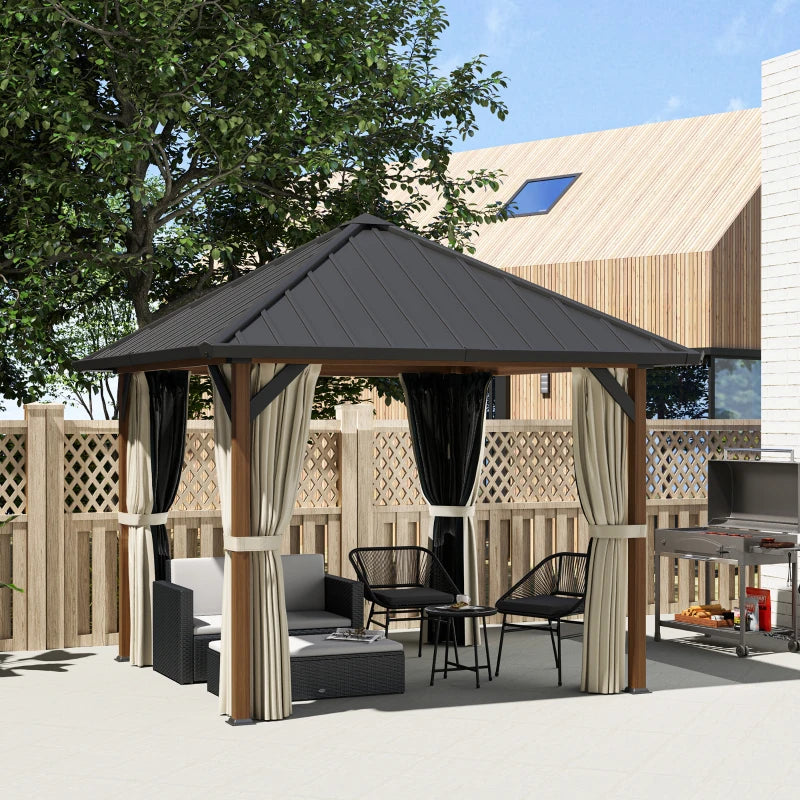 3x3m Hardtop Gazebo - Waterproof Galvanised Steel Roof Pavilion with Netting and Curtains - Walnut Wood Finish Garden Canopy