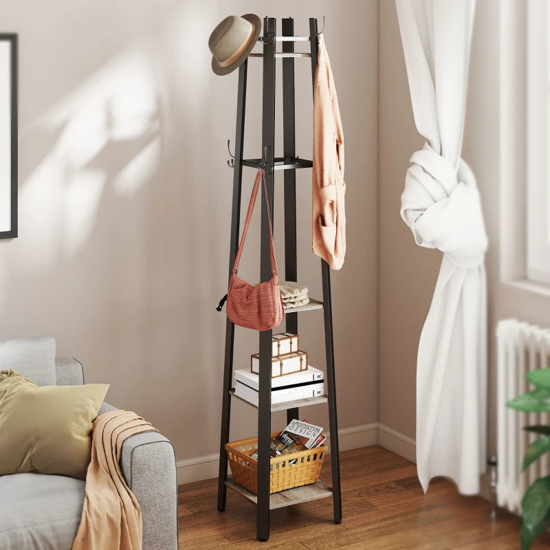 Industrial-Style Four Shelf Coat Stand - Modern Grey and Black Entryway Organizer for Coats, Hats, and Accessories