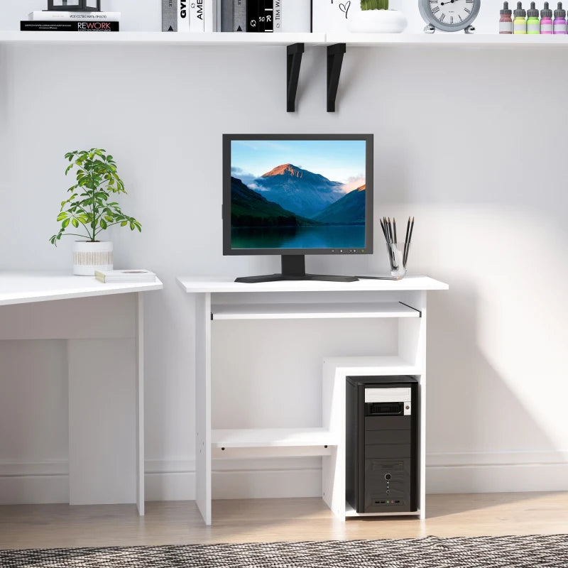 Compact Modern White Wooden Computer Desk with Keyboard Tray & Storage Shelf - Ideal Corner Table for Home Office