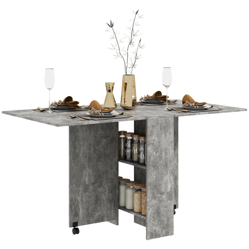 Folding Drop Leaf Dining Table with 2-Tier Shelves & Rolling Casters - Space-Saving Kitchen Table in Cement Grey