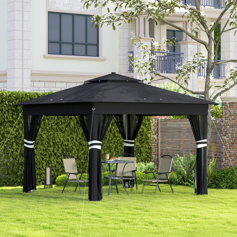 3m x 3m Black Pop Up Gazebo Party Tent with Solar-Powered LED Lights and Adjustable Netting