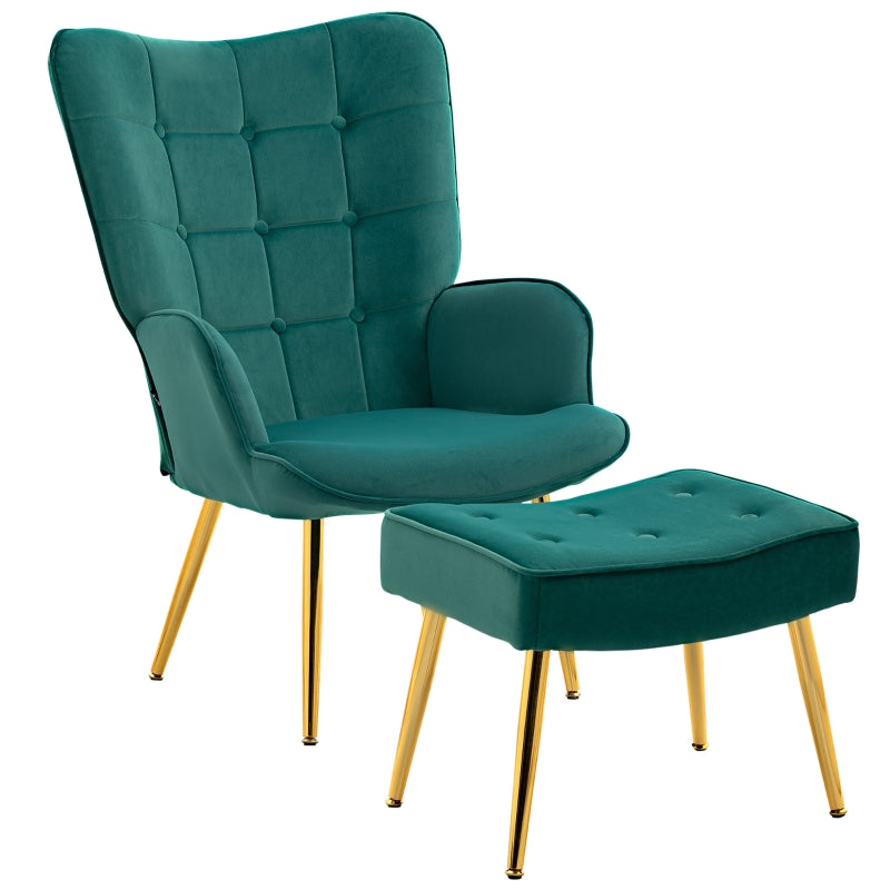 Stylish Velvet Wingback Armchair with Footstool for Living Room, Bedroom or Home Office in Dark Green
