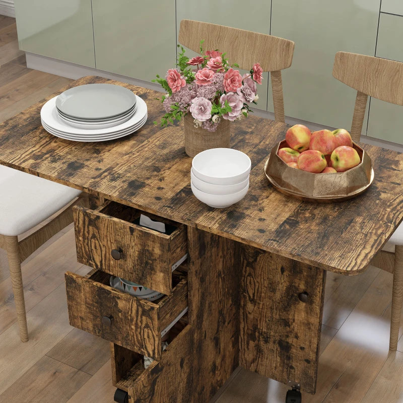 Rustic Brown Multi-Storage Drop Leaf Dining Table for Six - Space-Saving Design, Perfect for Family Gatherings