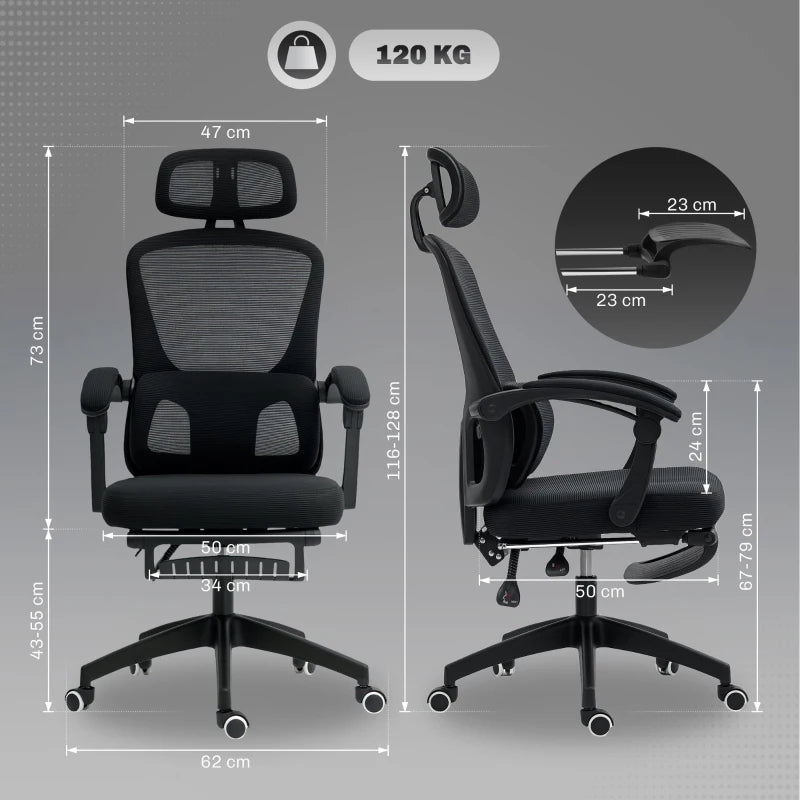 Ergonomic Mesh Office Chair with Adjustable Lumbar Support, Headrest & Footrest - Reclining Executive Swivel Desk Chair in Black