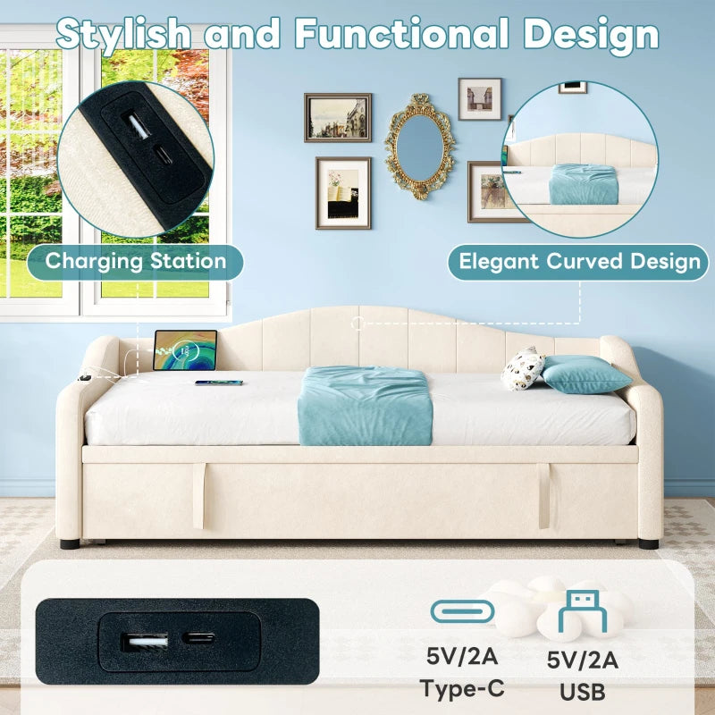 Beige Velvet Upholstered Daybed with USB & Type-C Ports, Convertible Sofa Bed & Pull-Out Trundle, 202x193x78 cm