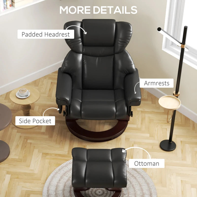 Upholstered Massage Recliner Chair with Footstool, Adjustable Backrest, Steel Frame, Swivel Armchair for Living Room and Bedroom, Black