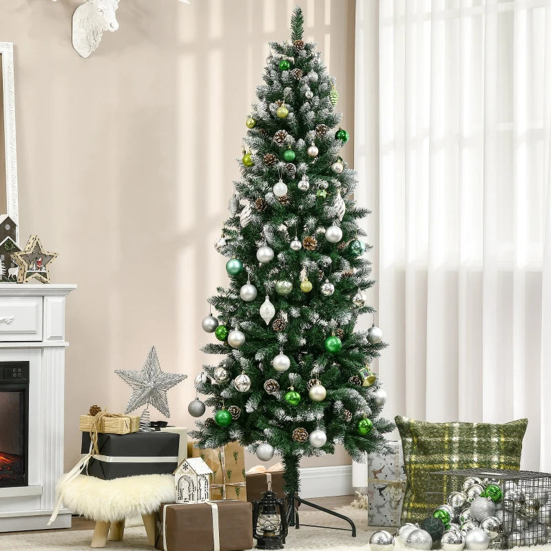 6 Ft Snowy Artificial Christmas Tree with Realistic Branches & Pine Cones - Indoor Holiday Decoration in Green & White