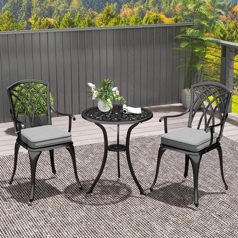 3 Piece Black Cast Aluminium Garden Bistro Set for 2 - Outdoor Coffee Table Set with Cushions, Rust Resistant, Parasol Hole, Perfect for Patio and Balcony