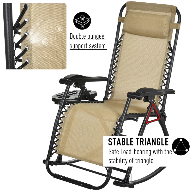 Beige Folding Rocking Sun Lounger Chair with Headrest and Side Holder