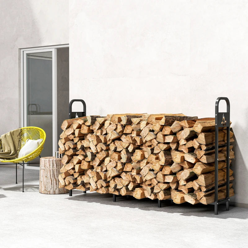 6.5 FT Heavy Duty Steel Firewood Log Rack - 300 kg Capacity Indoor/Outdoor Wood Storage with Decorative Bonfire Pattern