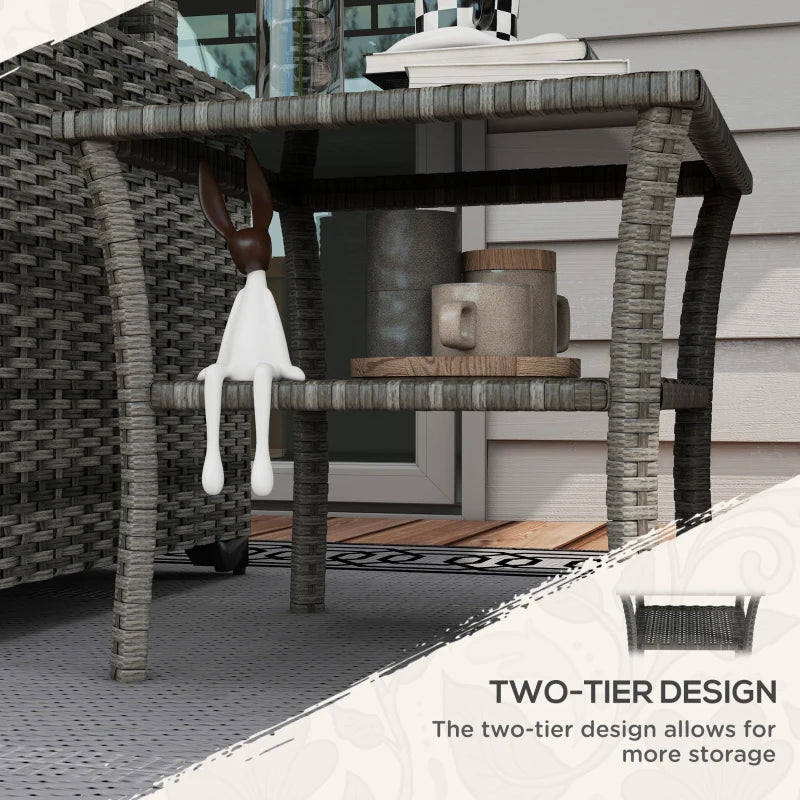Grey Rattan Two-tier Patio Coffee Table with Glass Top