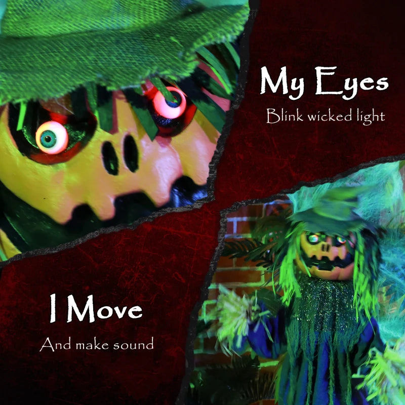3'6" Pumpkin Scarecrow Halloween Animatronic with Glowing Eyes - Spooky Outdoor Decoration for Halloween Parties