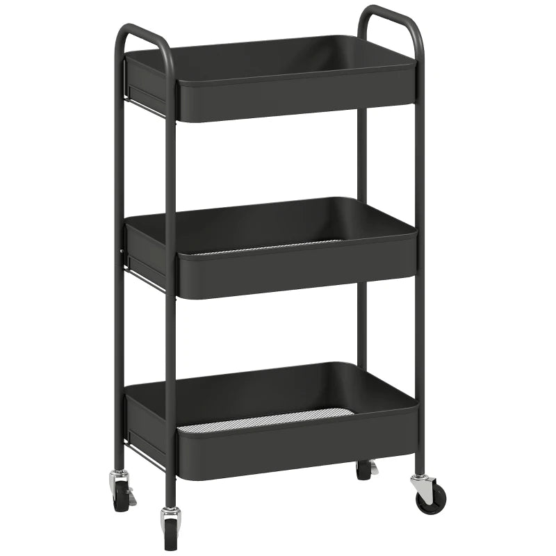 Three-Tier Black Steel Storage Trolley - Versatile Rolling Cart for Kitchen, Office, or Home Organization