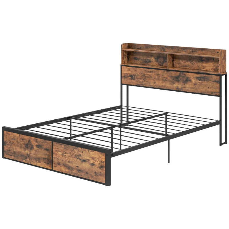 Industrial King Bed Frame with Storage Headboard & Footboard, 5.2FT Steel Base, Slatted Support, Rustic Brown, 158x222cm