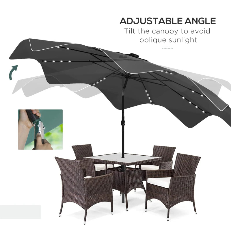 Dark Grey Solar LED Patio Umbrella, 3x3m, Tilt & Crank, Outdoor Market Parasol