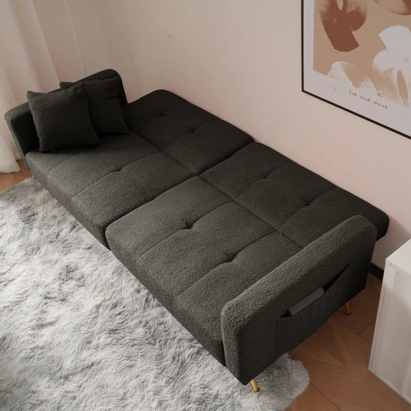 Stylish Modern Loveseat Sofa Bed with Adjustable Backrest, Gold Legs, and Side Storage Pockets in Dark Grey