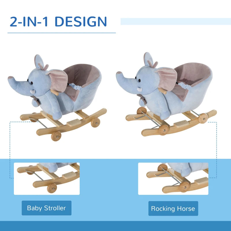 2-in-1 Plush Baby Rocking Horse Elephant with Wheels - Wooden Toy for Kids, 32 Songs, Ages 18+ Months (Blue)