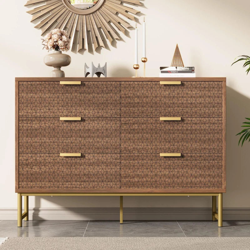 Embossed Wood Chest of Drawers - 6-Drawer Sideboard, Anti-Tip Design, Walnut Finish, 120x40x75 cm for Living Room