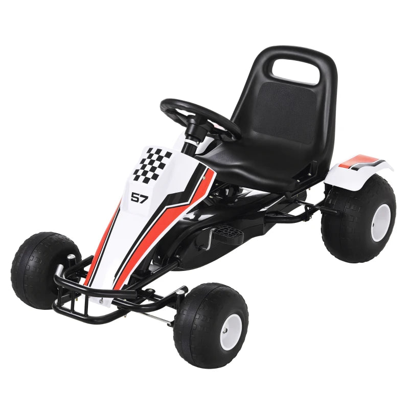 Kids Pedal Go Kart - Manual Ride On Car with Brake, Gears, Adjustable Seat, 4 Smooth Wheels, Racing-Style White 104x66x57 cm