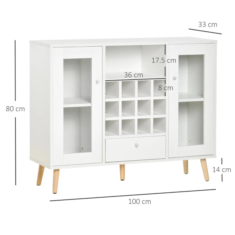 Modern White Sideboard Storage Cabinet with Glass Doors, Drawer & 12-Bottle Wine Rack for Kitchen, Dining & Living Room