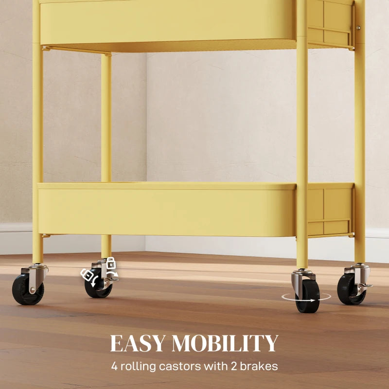 Three-Tier Yellow Steel Storage Trolley - Durable, Versatile Organizer for Home, Office, Kitchen & Garage