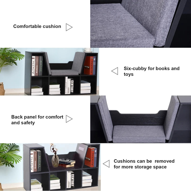 Stylish Black Bookcase Storage Shelf with Cushioned Reading Seat - Cube Bookshelf Organizer for Bedroom & Living Room