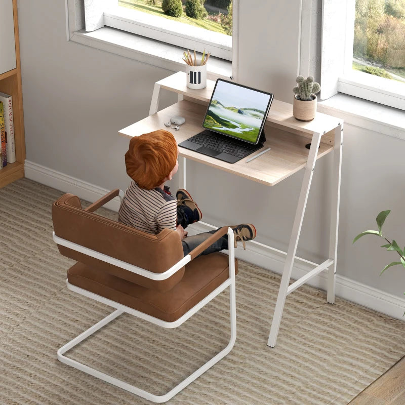 Modern White and Oak Writing Desk - 84L x 45W cm Home Office Computer Table with Storage Shelf for PC & Laptop