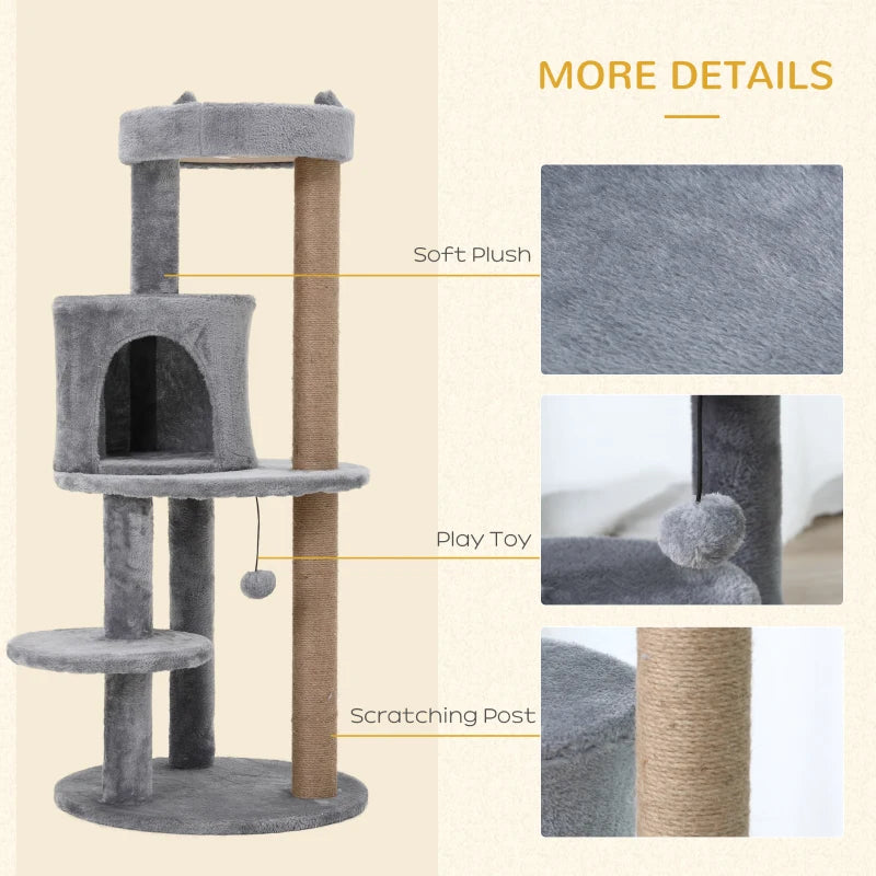 104 cm Grey Cat Tree Condo Tower - Activity Centre with Scratching Posts, Plush Perch & Hanging Ball for Cats