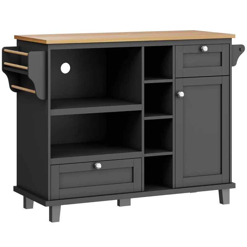 Mobile Kitchen Trolley with 5 Wheels, Drawers & Cupboards - Wooden Food Cart for Kitchen Organization, 129L x 46W x 92H cm, Black