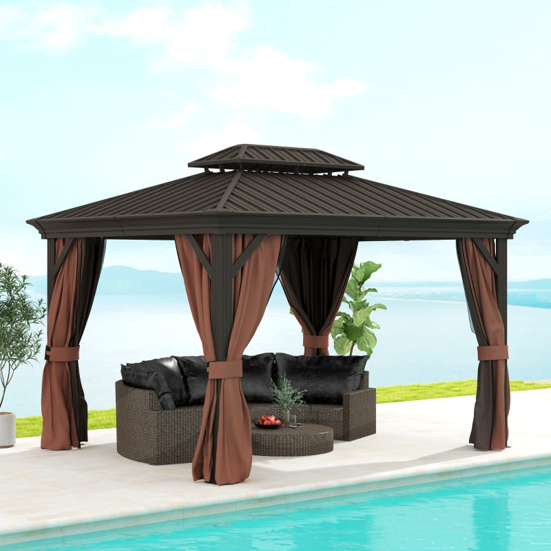 3m x 3.7m Dark Brown Outdoor Hardtop Gazebo Canopy with Aluminium Frame, 2-Tier Roof & Mesh Netting Sidewalls for Patio